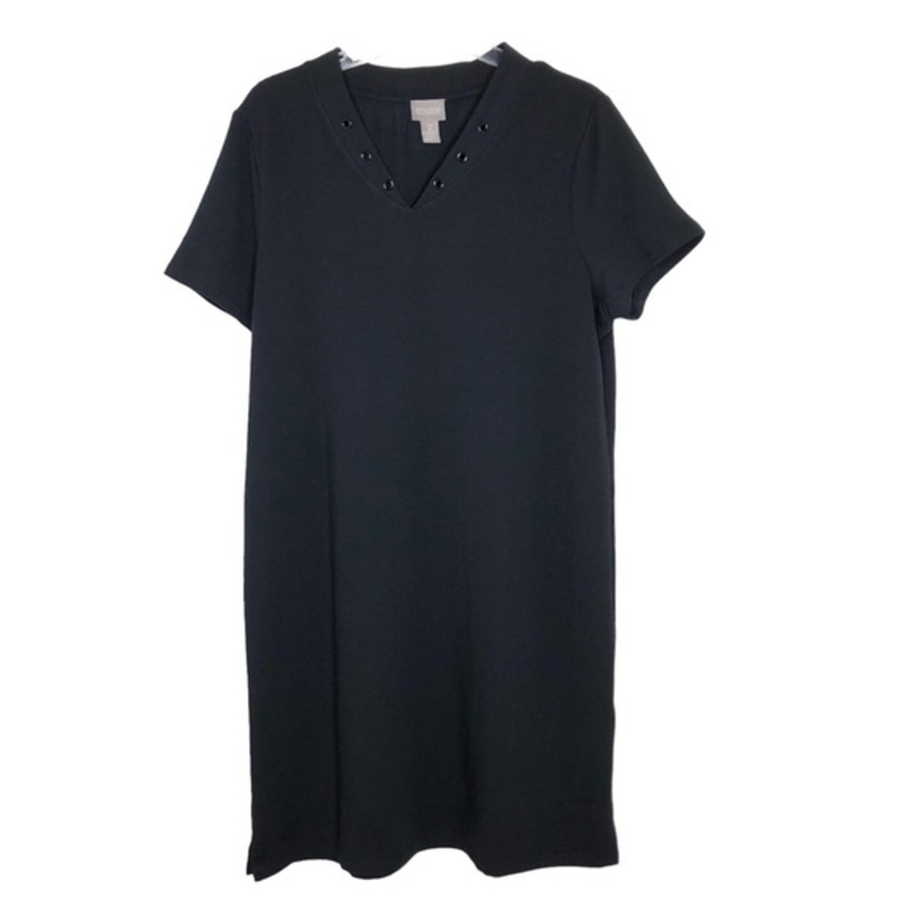 Chico’s‎ Stretchy V Neckline With Grommets Short Sleeve Black Shirt Dress 2= L
